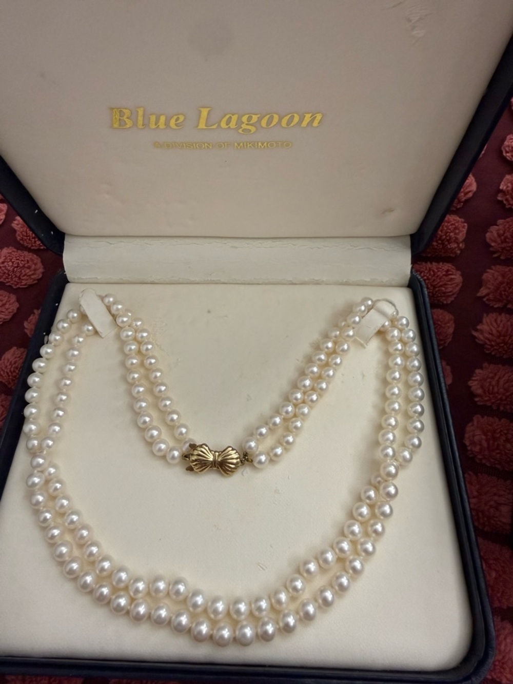 MIKIMOTO BLUE LAGOON DOUBLE Strand White Pearl Necklace with Gold Clasp 14k
